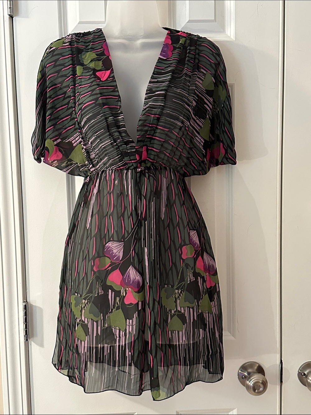 Bisou Bisou Black Floral Swim Coverup with Pink & Green Accents
